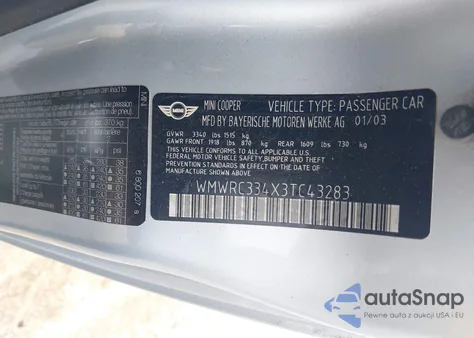 2003 Mini Cooper z USA, uszkodzony, nr VIN WMWRC334X3TC43283